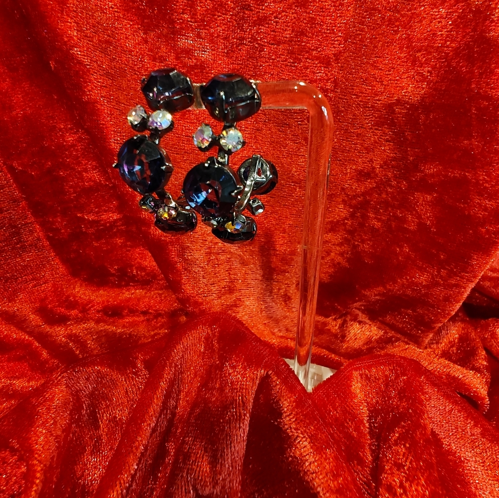 Vintage Dark Blue & Clear AB Rhinestone Hoop Earrings